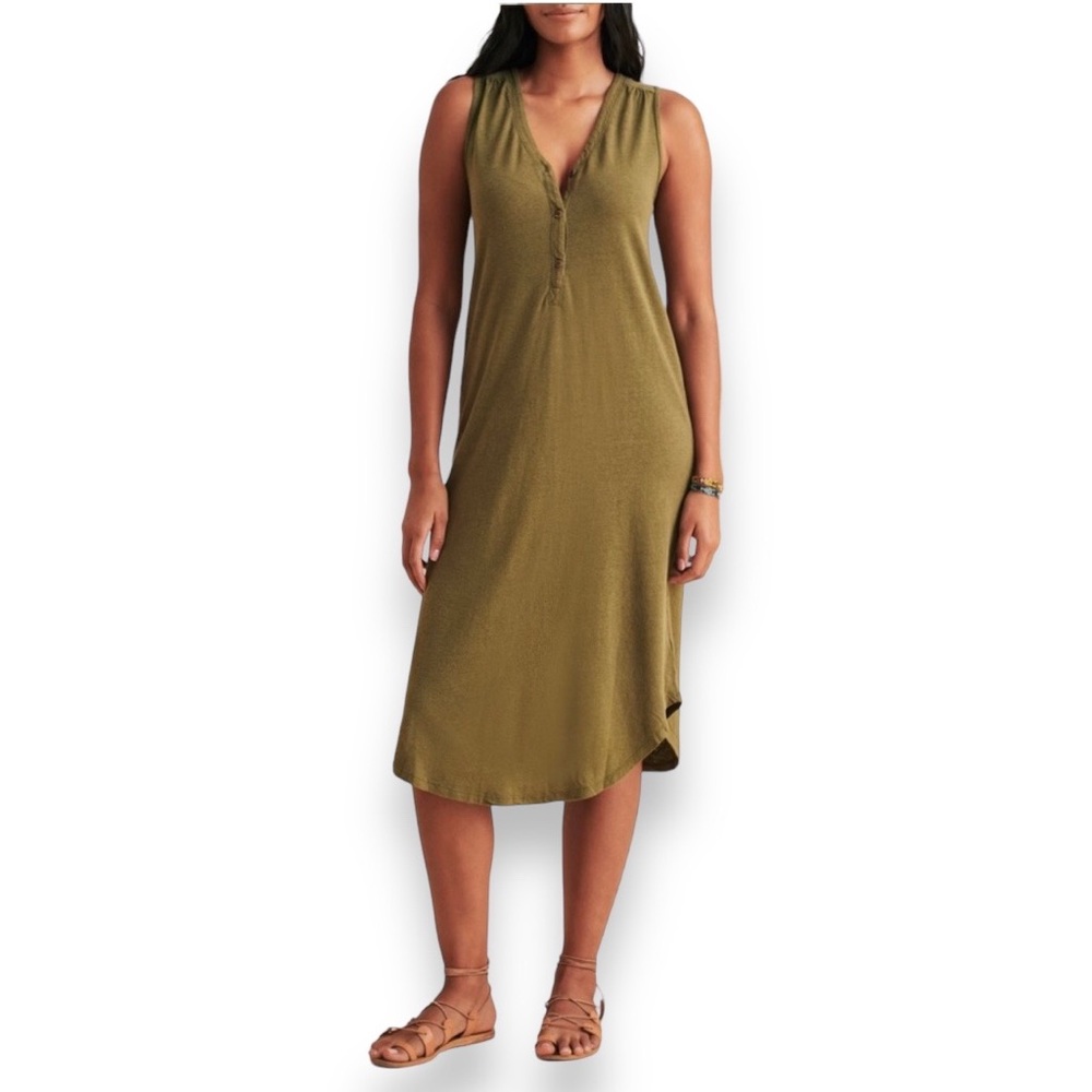 Faherty Annie Sleeveless Henley Midi Dress Size Small Green Hemp Cotton